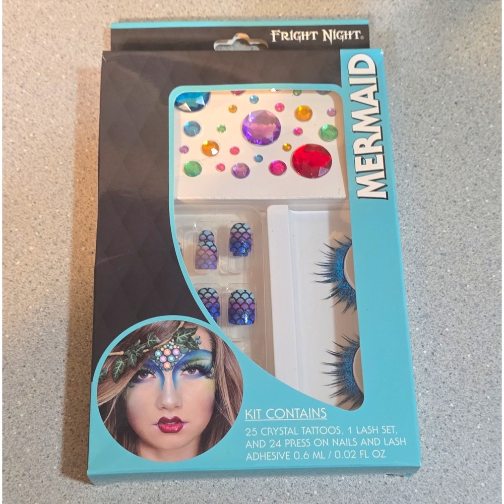 Fright Night Mermaid Press-On Nail Kit 24pc Short Square ABS Glitter + Glue